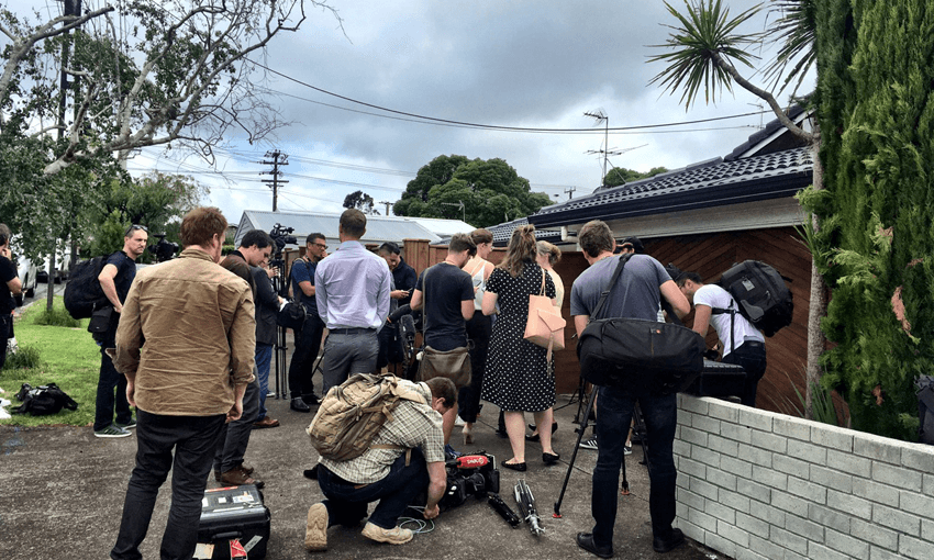 Press outside Jacinda Ardern and Clarke Gayford’s Point Chevalier home prior to the press conference on Ardern’s pregnancy (Russell Brown) 
