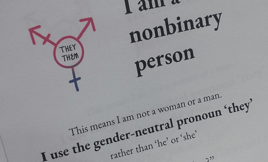 Fliers Jess keeps so they don’t have to keep explaining their pronouns 
