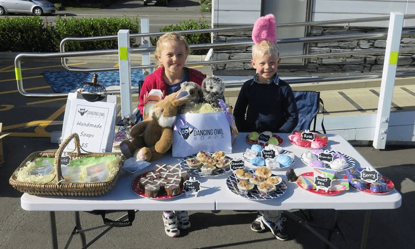 Ava  Rose Heath-Williams and her little brother Matthew selling Dancing Owl Soaps at the Rolleston Market. 
