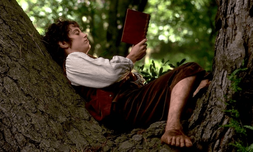 A small man, curly hair and medieval clothes, perched in a tree reading.