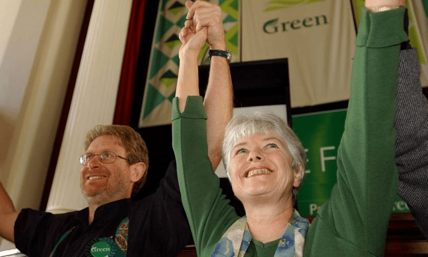 Waka jumpers: Rod Donald and Jeanette Fitzsimons at the Green Party Campaign Launch in 2005. Photo: Dean Purcell/Getty Images 
