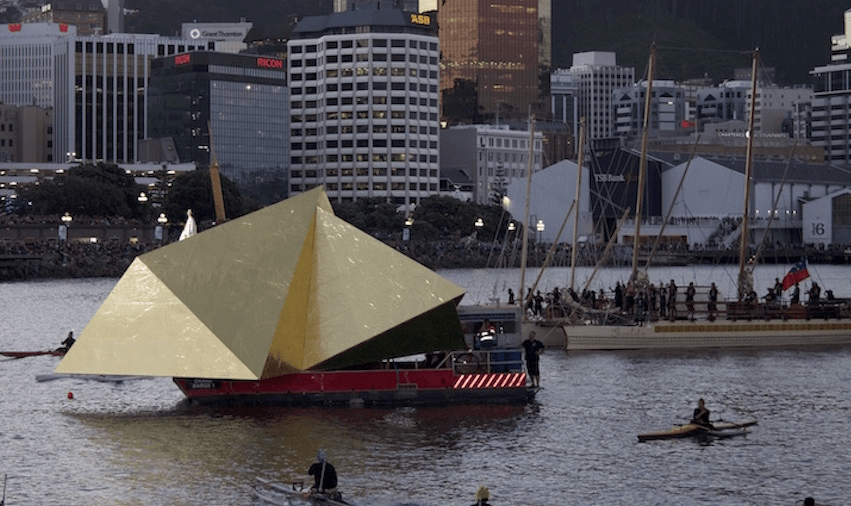 The Guiding Star arrives in Wellington harbour as part of Kupe, the opening of the New Zealand Festival 2018. 
