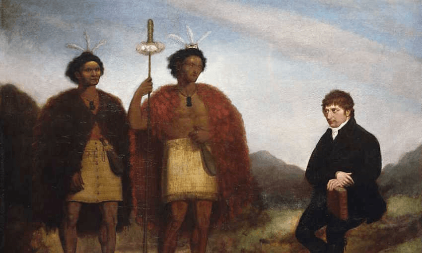 The Rev Thomas Kendall and Māori chiefs Hongi and Waikato, James Barry (1820). Image: Alexander Turnbull Library, Wellington. 
