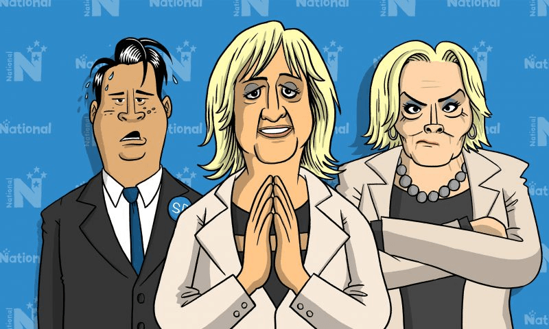 Simon Bridges, Amy Adams and Judith Collins. Illustration: Toby Morris for RNZ 
