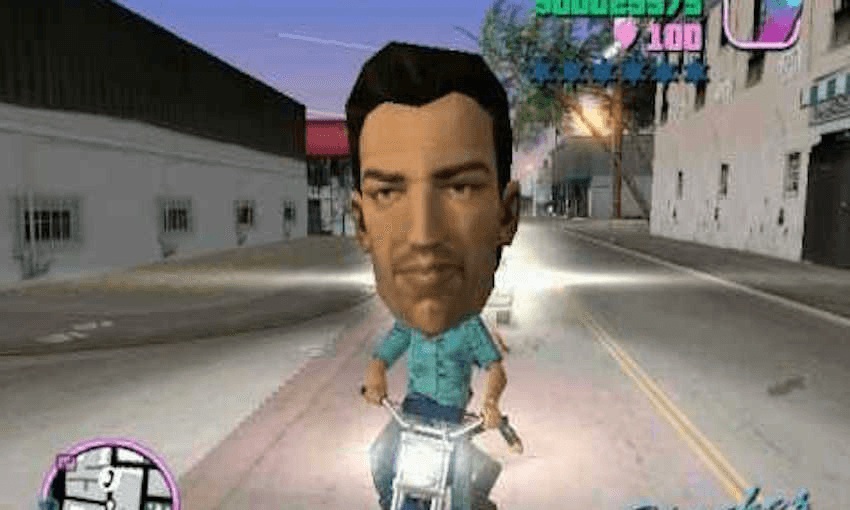 Grand Theft Auto: Vice City’s Tommy Vercetti with a big head, courtesy of a cheat code. 
