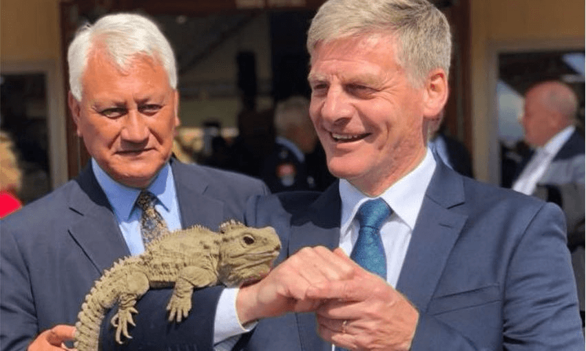 Nuk Korako, Bill English and an unnamed companion on Waitangi Day 
