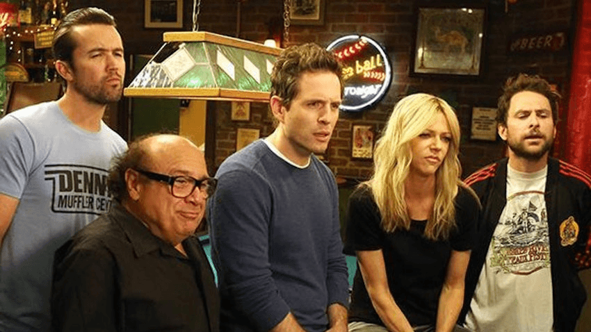 The gang from It’s Always Sunny in Philadelphia, rocking hard for twelve seasons. 
