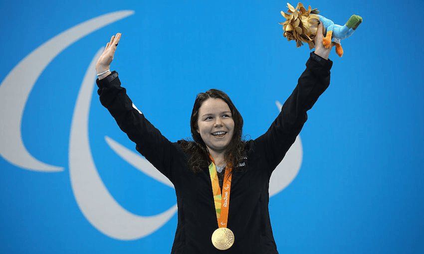 Mary Fisher celebrates her gold medal at the Women’s 100m Backstroke – S11 Final at the Rio 2016 Paralympic Games. (Photo by Friedemann Vogel/Getty Images) 

