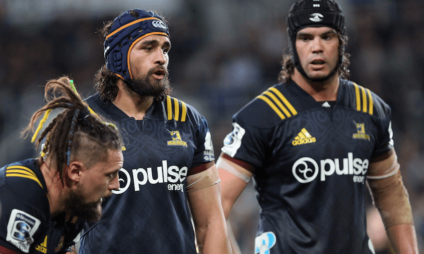 Elliot Dixon, Jackson Hemopo and Tom Franklin of the Highlanders during the round five Super Rugby match against the Crusaders (Photo by Rob Jefferies/Getty Images). 
