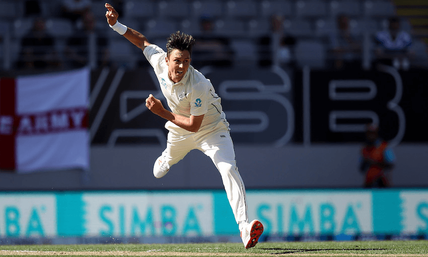 Trent Boult in flight at Eden Park (Photo by Phil Walter/Getty Images). 
