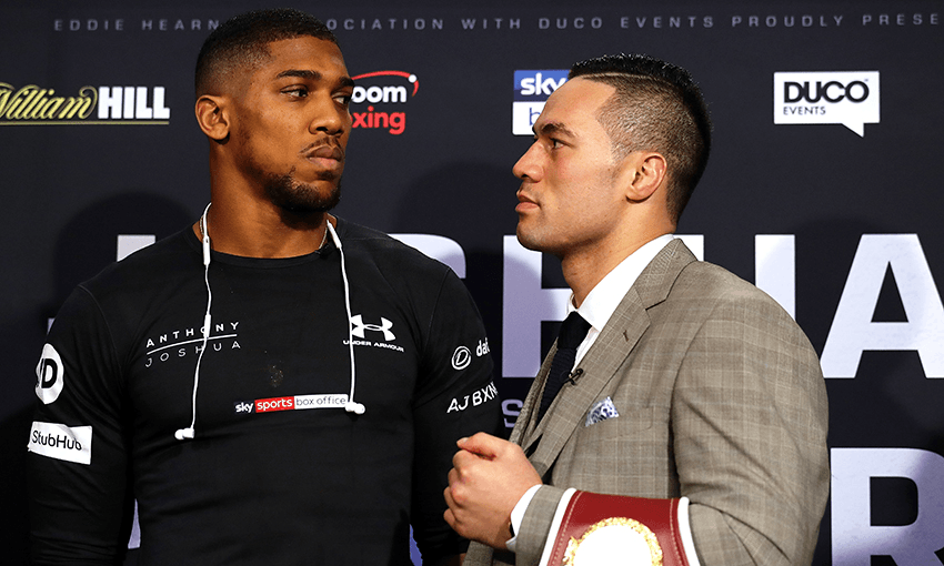 Joseph Parker (R) stares down Anthony Joshua (L) ahead of their championship fight Saturday. Photo by Bryn Lennon/Getty Images. 
