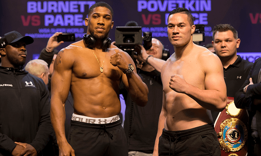 CARDIFF, WALES – MARCH 30: Anthony Joshua (L) and Joseph Parker (R) weigh-in at the Motorpoint Arena on March 30, 2018 in Cardiff, Wales. Anthony Joshua will fight Joseph Parker in a heavyweight unification match at the Principality Stadium in Cardiff on March 31. (Photo by Matthew Horwood/Getty Images) 
