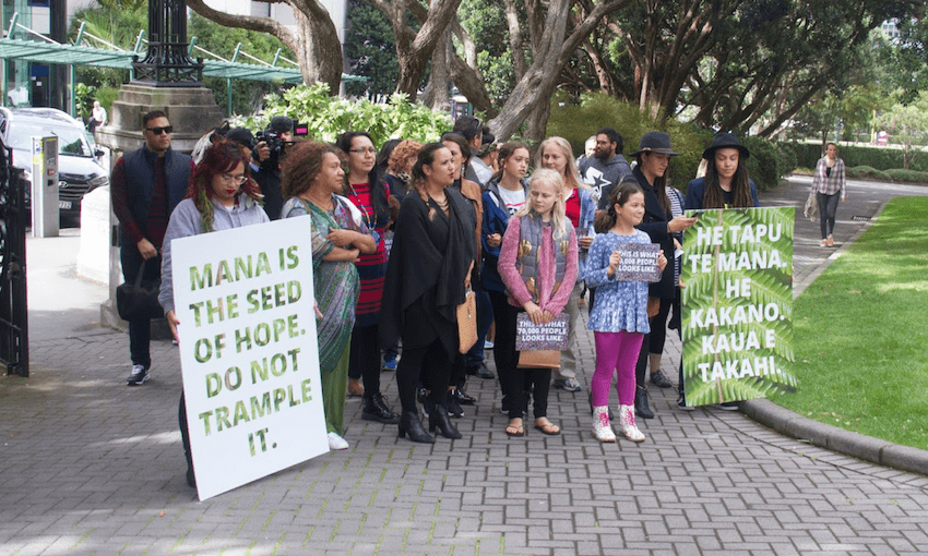 Renae Maihi and fellow campaigners are called on to Parliament grounds. Image: Rick Zwaan 
