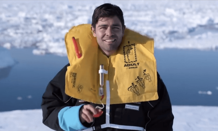 Actor/environmentalist Adrian Grenier in Air New Zealand’s new Antarctica-set safety video. (screengrab) 
