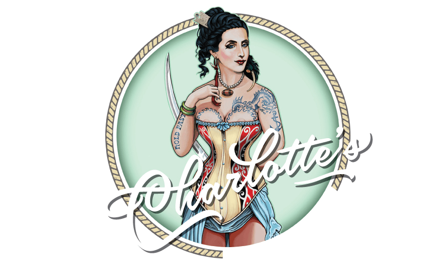 The logo for the Charlotte’s Kitchen restaurant in Paihia by artist Lester Hall depicts her as a beautiful woman wearing the signs of Rangatira. These are at odds with the only contemporary description of her as “thick lipped and very corpulent”. (Image: Charlotte’s Kitchen/Lester Hall) 
