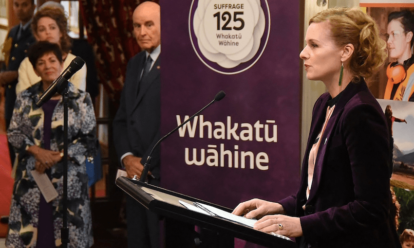 Mihi MCing the launch of the #Suffrage125 project for The Ministry of Women. Image: supplied 
