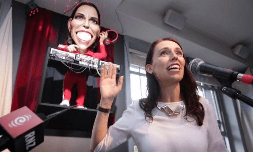 Jacinda Ardern gets her hands in the air for DJ Jacinda Ardern. Photo: Craig McCulloch / RNZ