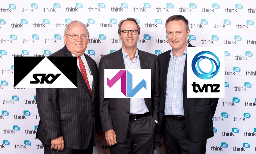 L-R: Sky’s John Fellet, Mediaworks’ Michael Anderson and TVNZ’s Kevin Kenrick in a rare united front (supplied) 
