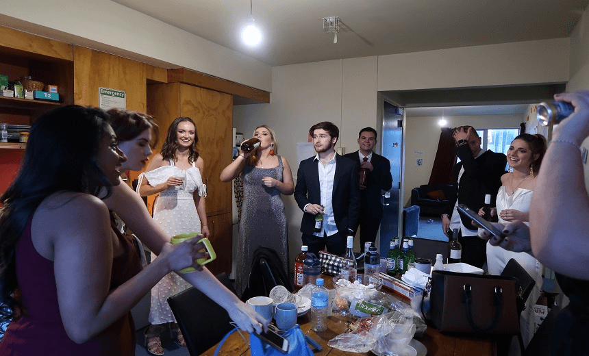 Spinoff production intern Alice Webb-Liddall (third from left) and friends getting ready for the Uni Ball (supplied) 
