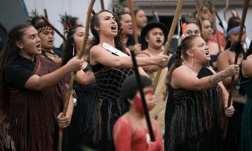 Haka pōhiri at Haratu Marae for the National Day of Remembrance on 11 March in Russell.  Image: RNZ 
