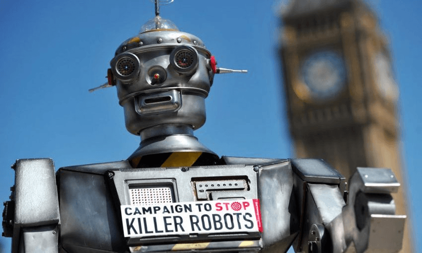A mock “killer robot” at the launch of a UK Campaign. Photo: CARL COURT/AFP/Getty Images 
