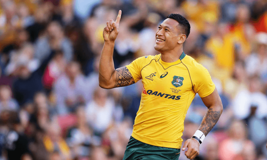 Israel Folau of the Wallabies celebrates scoring a try during the International Test match between the Australian Wallabies and Italy at Suncorp Stadium on June 24, 2017 in Brisbane, Australia. (Photo by Matt King/Getty Images) 
