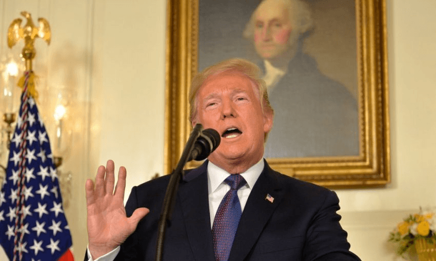 President Donald Trump announcing military action against Syria. Photo: Mike Theiler/Getty Images 
