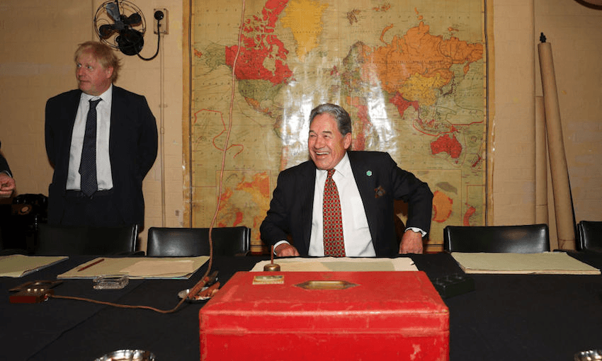 Britain’s foreign secretary Boris Johnson meets with New Zealand’s Foreign Minister Winston Peters in the Churchill Cabinet War Rooms on April 17, 2018 in London, England. (Hannah McKay – WPA Pool/Getty Images) 
