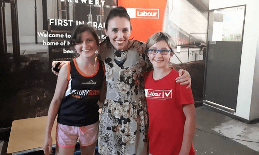 Jessica Tahua (R) and then future Prime Minister Jacinda Ardern (centre) with Sophia Curnow (L) in March 2017 (Photo: Kathy Tohill).  

