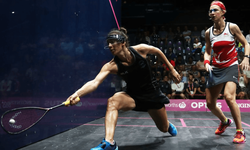 Joelle King on the way to winning a mixed doubles Commonwealth Games bronze medal for New Zealand (Getty Images)  
