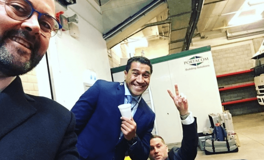 Watching a game with the boys; Scotty Mils and Cory at Westpac Stadium (Selfie by Scotty Stevenson).  
