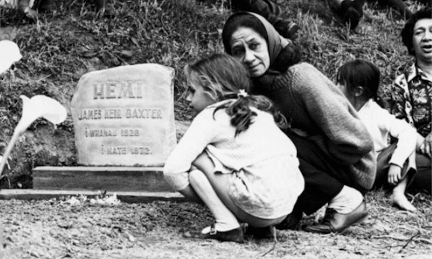 Jacquie Baxter and Stephanie at the unveiling of the gravestone of James K Baxter – Photograph taken by a Dominion staff photographer. (Ref: PAColl-2146-002. Alexander Turnbull Library) 
