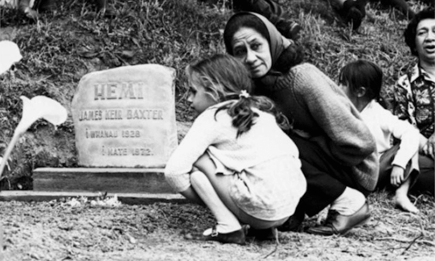 Jacquie Baxter and Stephanie at the unveiling of the gravestone of James K Baxter – Photograph taken by a Dominion staff photographer. (Ref: PAColl-2146-002. Alexander Turnbull Library)