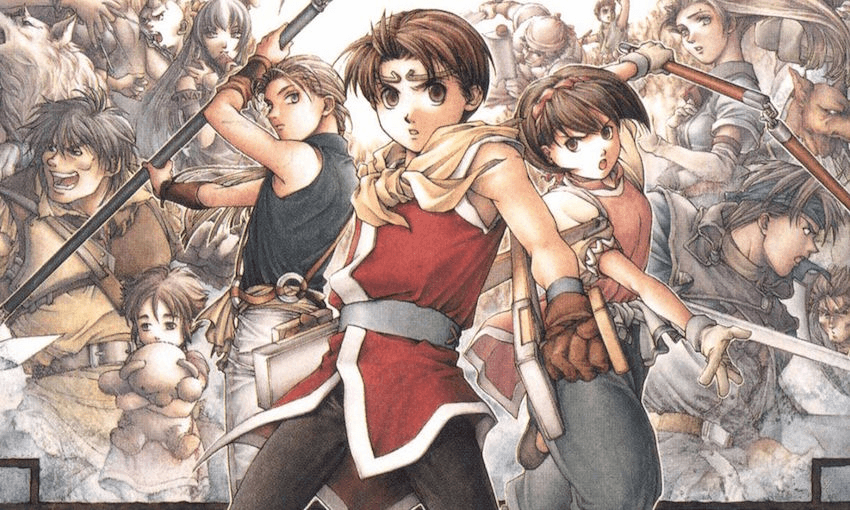 The Suikoden series combines the wide-scale world of a Chinese novel with the political intrigue of Game of Thrones. 
