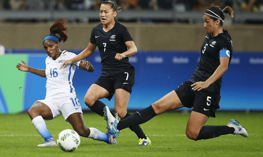 Ali Riley and Abby Erceg playing for the Football Ferns at the Olympics (Getty Images) 
