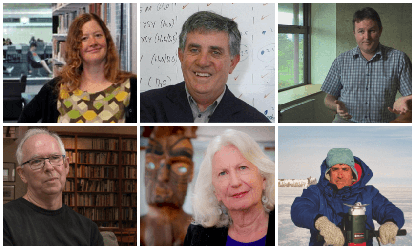 Clockwise from top left: Nicola Gaston, Paul Callaghan, Shaun Hendy, Paul Callaghan in Antarctica, Anne Salmond, Bill Manhire 
