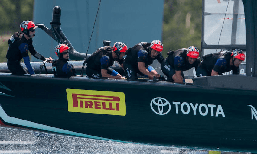 Emirates Team New Zealand in race 1 of the America’s Cup Finals, 2017 in Hamilton, Bermuda. (Photo by Xaume Olleros/Getty Images) 
