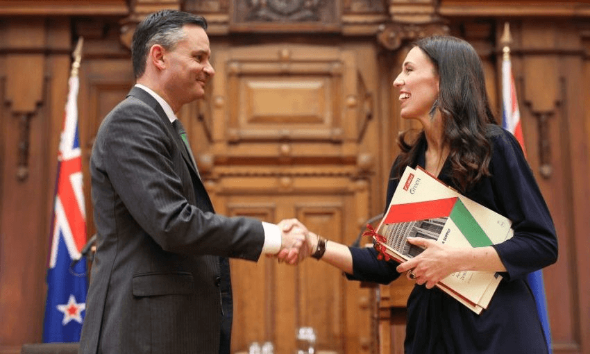James Shaw and Jacinda Ardern mark the last confidence and supply deal. Photo: Hagen Hopkins/Getty Images) 
