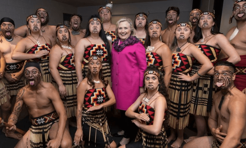 Hillary Clinton poses with Te Kapa Haka o Whangara Mai Tawhiti  ahead of An Evening with Hillary Rodham Clinton at Spark Arena. Photo by James D. Morgan/Getty Images 
