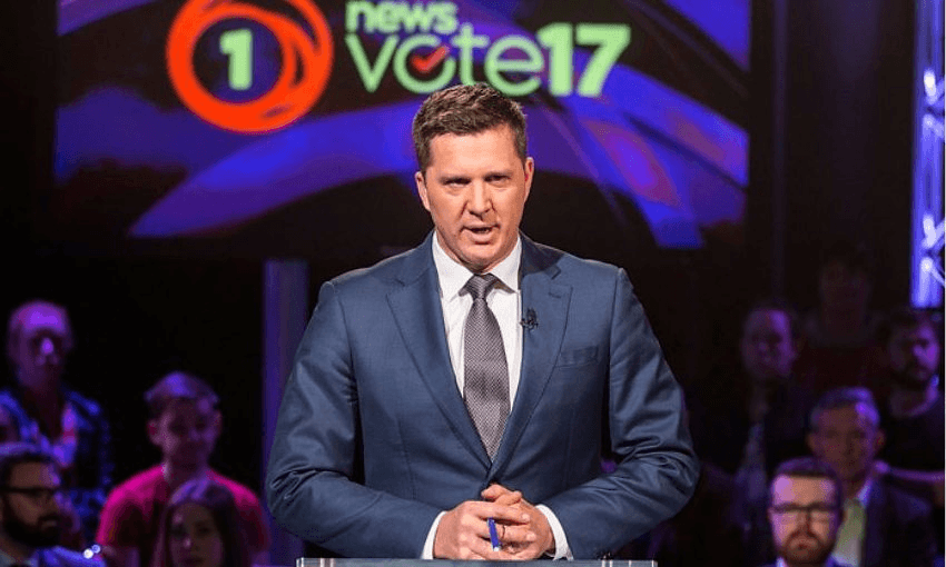 Corin Dann moderates a debate during the 2017 campaign. Photo: Getty