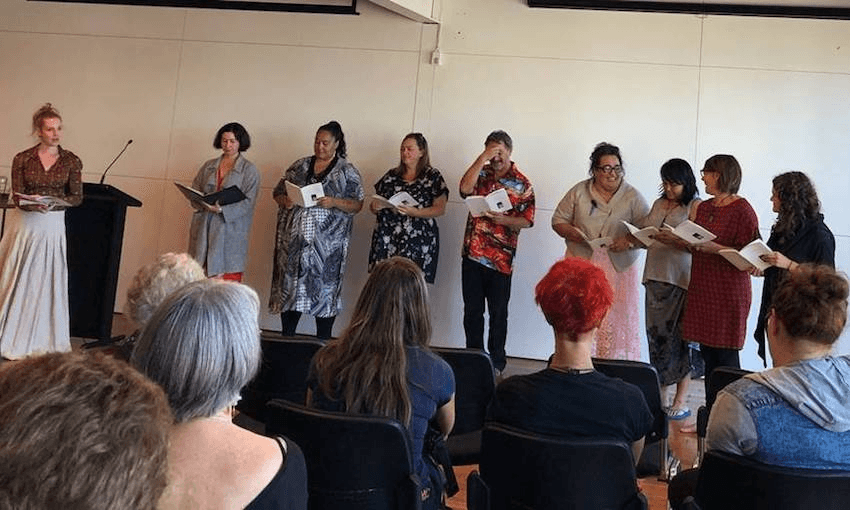A reading from the book. Vana Manasiadis (first left), poets Michelle Ngamoki (third from left), Alice Te Punga Somerville (fourth from left), Maraea Rakuraku (also co-editor, fourth from right), Anahera Gildea (second from right); translator Herewini Easton (fifth from left) 
