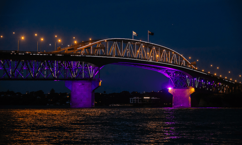The Auckland Harbour Bridge lit up on Waitangi Day (Image: supplied).  
