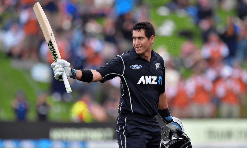 Ross Taylor celebrates his century against England at University Oval in Dunedin on March 7, 2018. (Photo: MARTY MELVILLE/AFP/Getty Images). 
