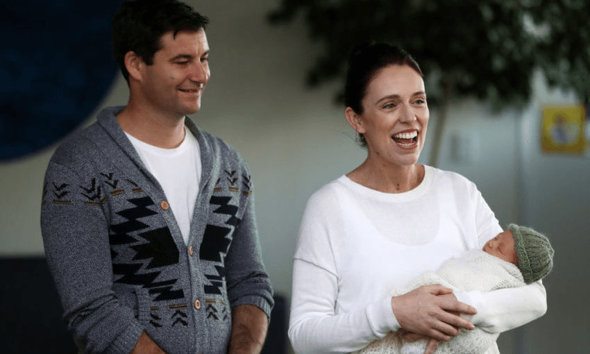 AUCKLAND, NEW ZEALAND – JUNE 24:  New Zealand Prime Minister Jacinda Ardern and partner Clarke Gayford pose for a photo with their new baby girl Neve Te Aroha Ardern-Gayford on June 24, 2018 in Auckland, New Zealand. Prime Minister Ardern is the second world leader to give birth in office, and the first elected leader to take maternity leave. Arden will take six weeks of leave with Deputy Prime Minister Winston Peters assuming the role of Acting Prime Minister.  (Photo by Hannah Peters/Getty Images) 
