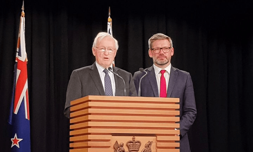 Former PM Jim Bolger is back at the Beehive podium, alongside minister Iain Lees-Galloway (Radio NZ – Chris Bramwell) 
