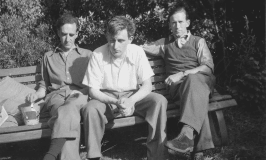 1951: FROM LEFT, CHARLES BRASCH WITH A YOUNG, RATHER WARY JAMES K BAXTER, AND POET BASIL DOWLING (HOCKEN COLLECTIONS, MS-0996-012-169/002) 
