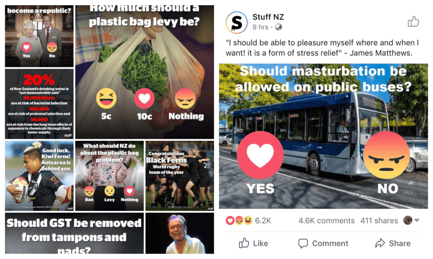 On the left, real photo posts from the real Stuff facebook page. And on the right, one of the posts that resulted in NZ Stuffed getting shut down.  
