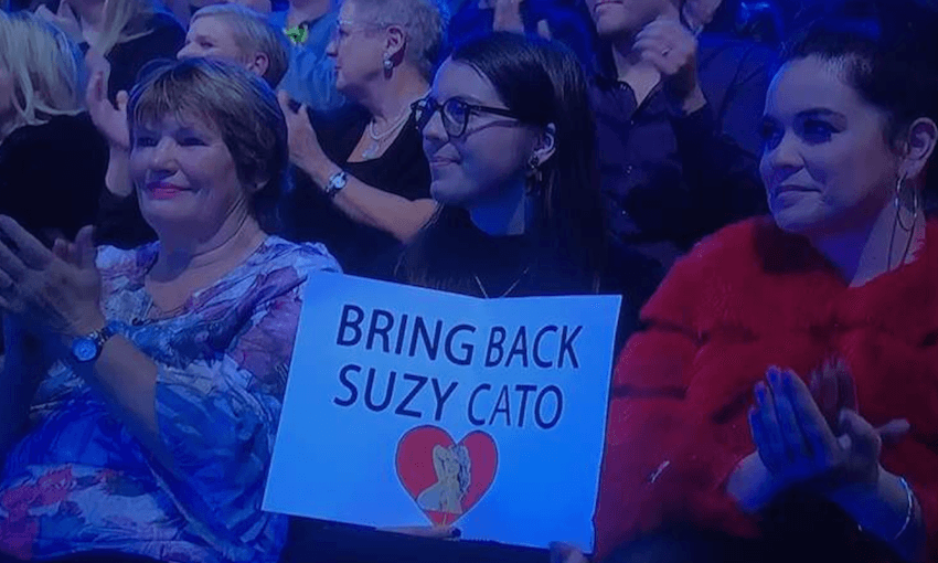 The author with her ‘Bring Back Suzy Cato’ sign in this week’s audience for Dancing With the Stars (photo supplied) 
