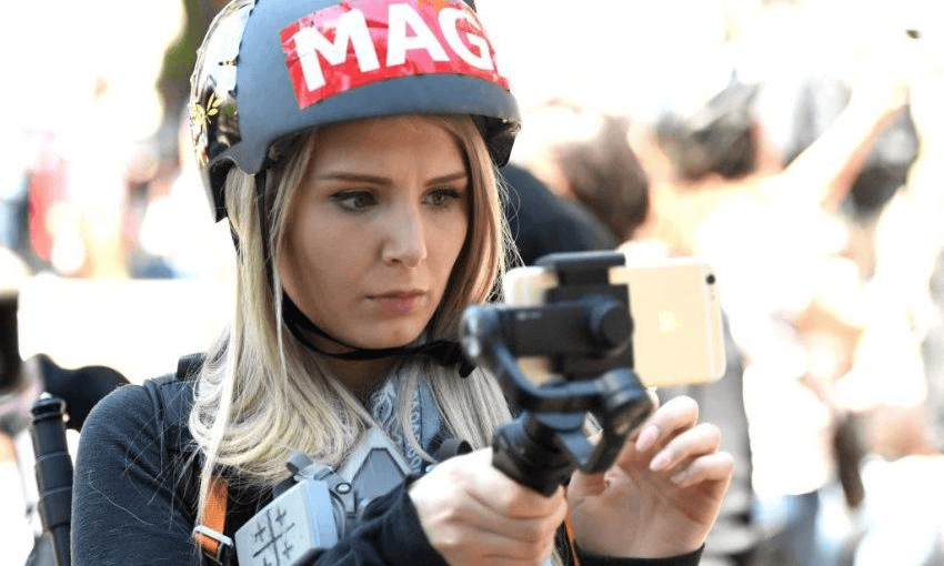 Lauren Southern at a rally in Berkeley, California on April 27, 2017. 
Photo: JOSH EDELSON/AFP/Getty Images 
