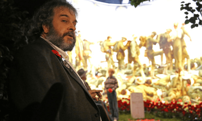 Sir Peter Jackson giving a tour at the opening of the exhibition. (Photo: RNZ / Alexander Robertson) 
